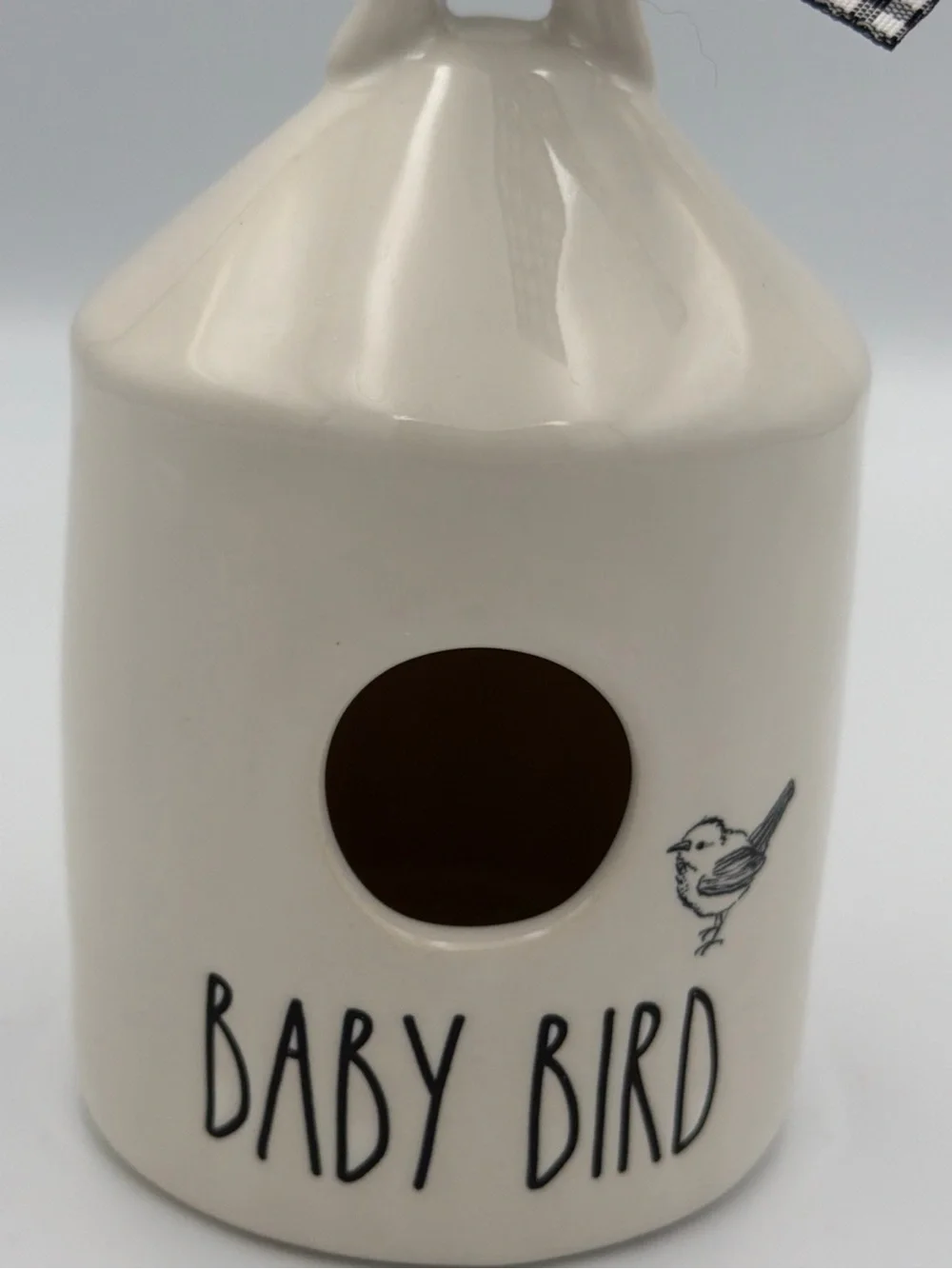 Rae Dunn Mini Round Baby Bird House With Plaid Black White Ribbon 5" Tall - Picture 4 of 10